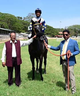 Major Saab (Aleemuddin up) winner of the SIDAPUR PLATE (DIV-II), being led in by trainer Bobby M on Friday races at Mysore.